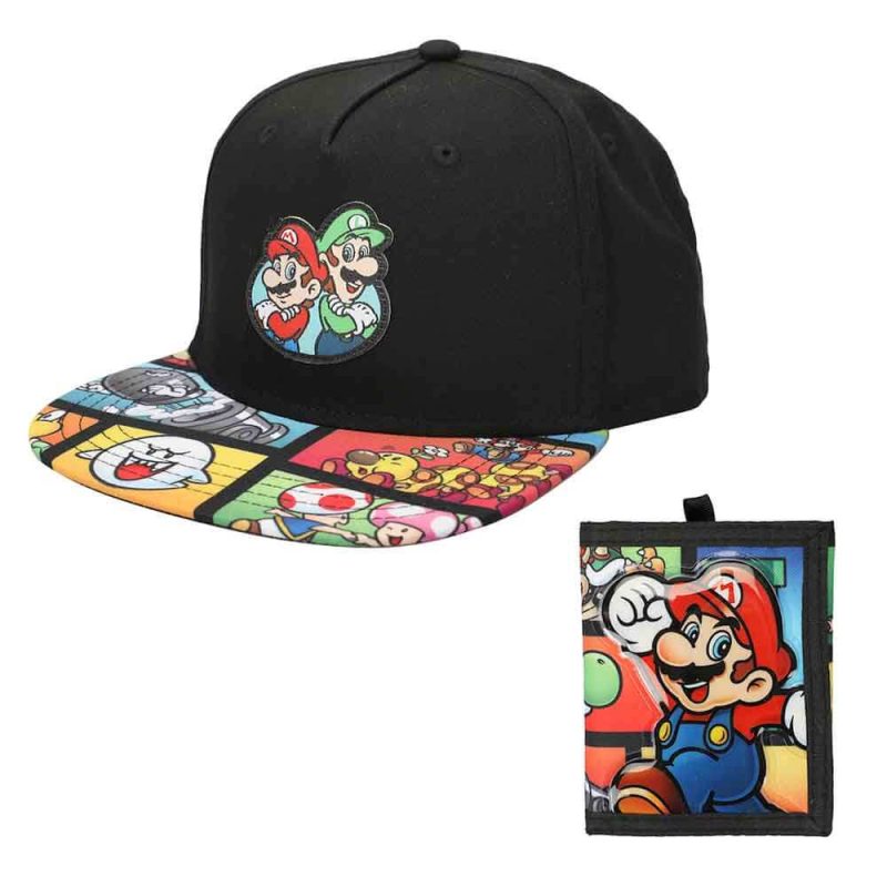 0017225 super mario bros flat bill snapback bi fold wallet combo